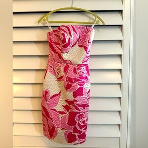 Lilly Pulitzer Pink White Strapless Silk Blend Sheath Dress Brocade Jacquard